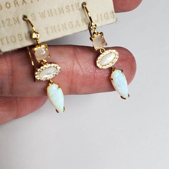 Anthropologie 3 tiered stone 1 drop Hook earrings Gold over brass New with Tags - Picture 2 of 5